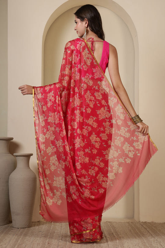 Cardinal Red Chiffon Floral Zari Border & Floral Printed Saree