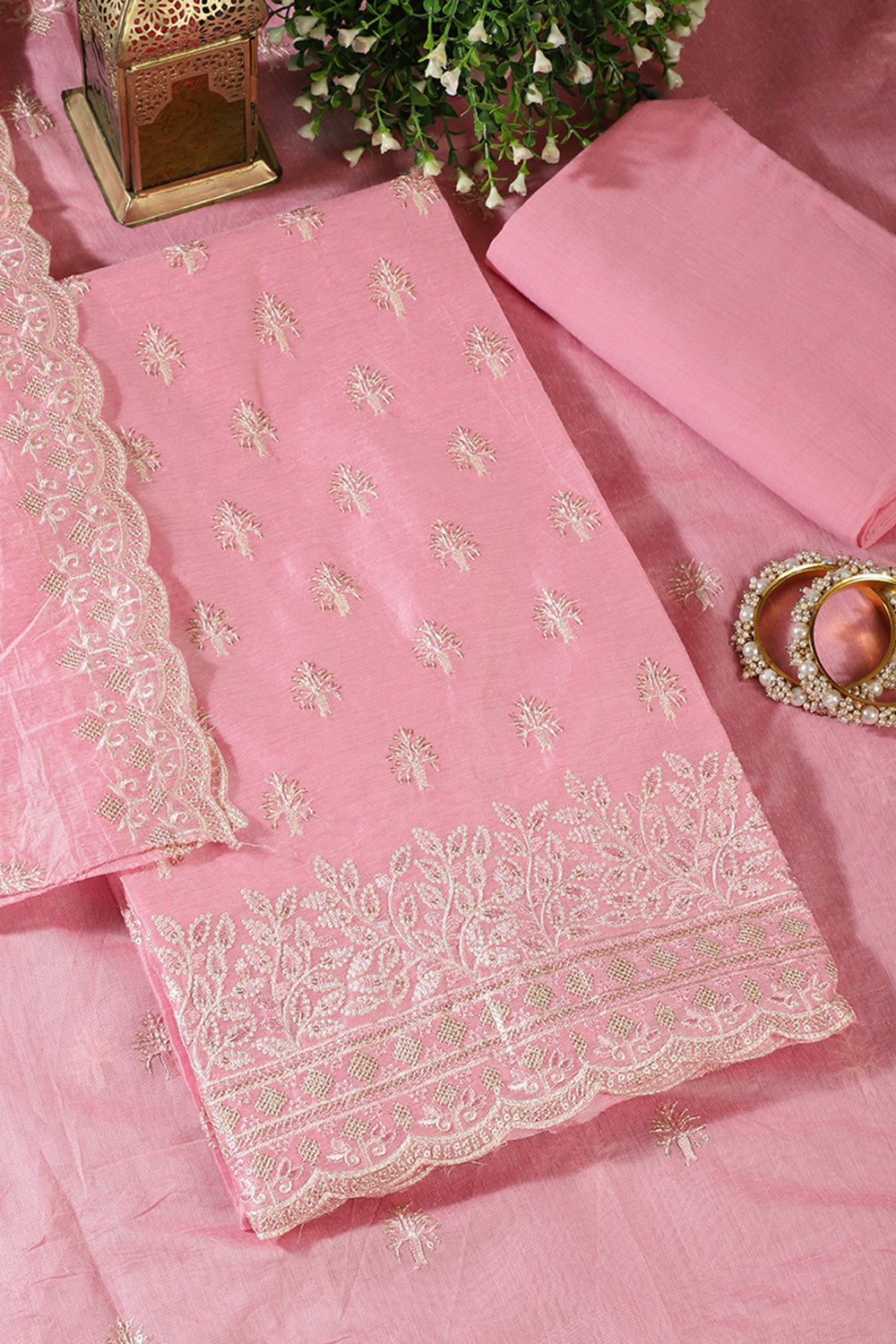 Baby Pink Chanderi Silk Embroidered Unstitched Suit Material