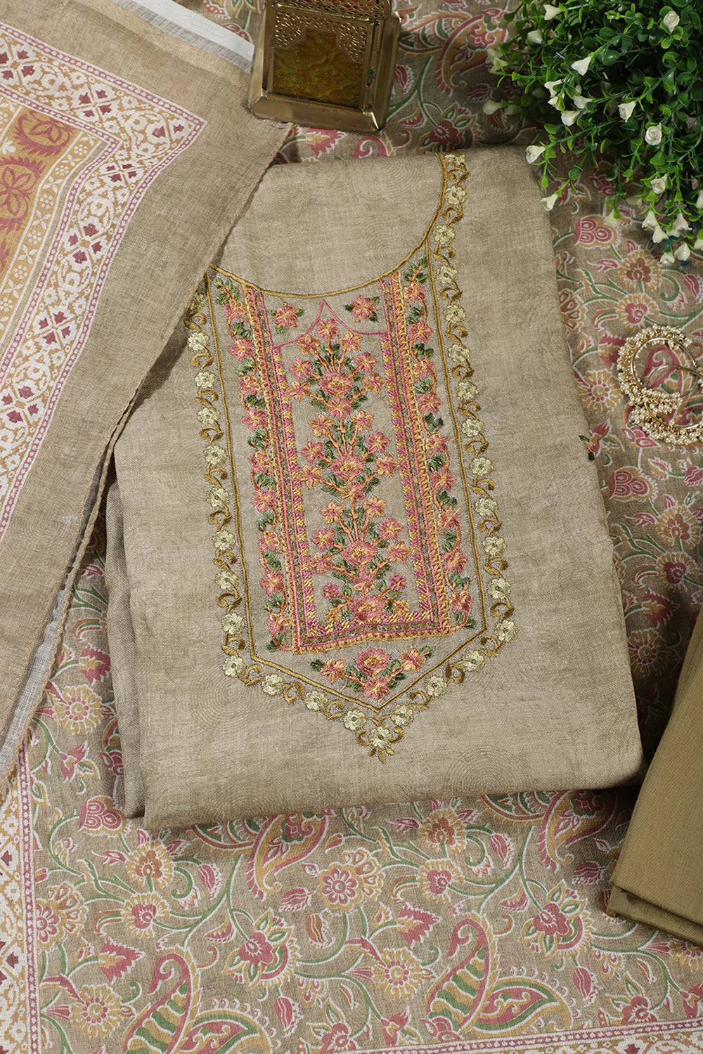 Light Mehandi Green Cotton Resham Embroidered Unstitched Suit