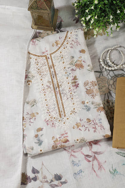 Cream & Fawn Chanderi Cotton Floral Printed And Embroidered Unstitched Suit