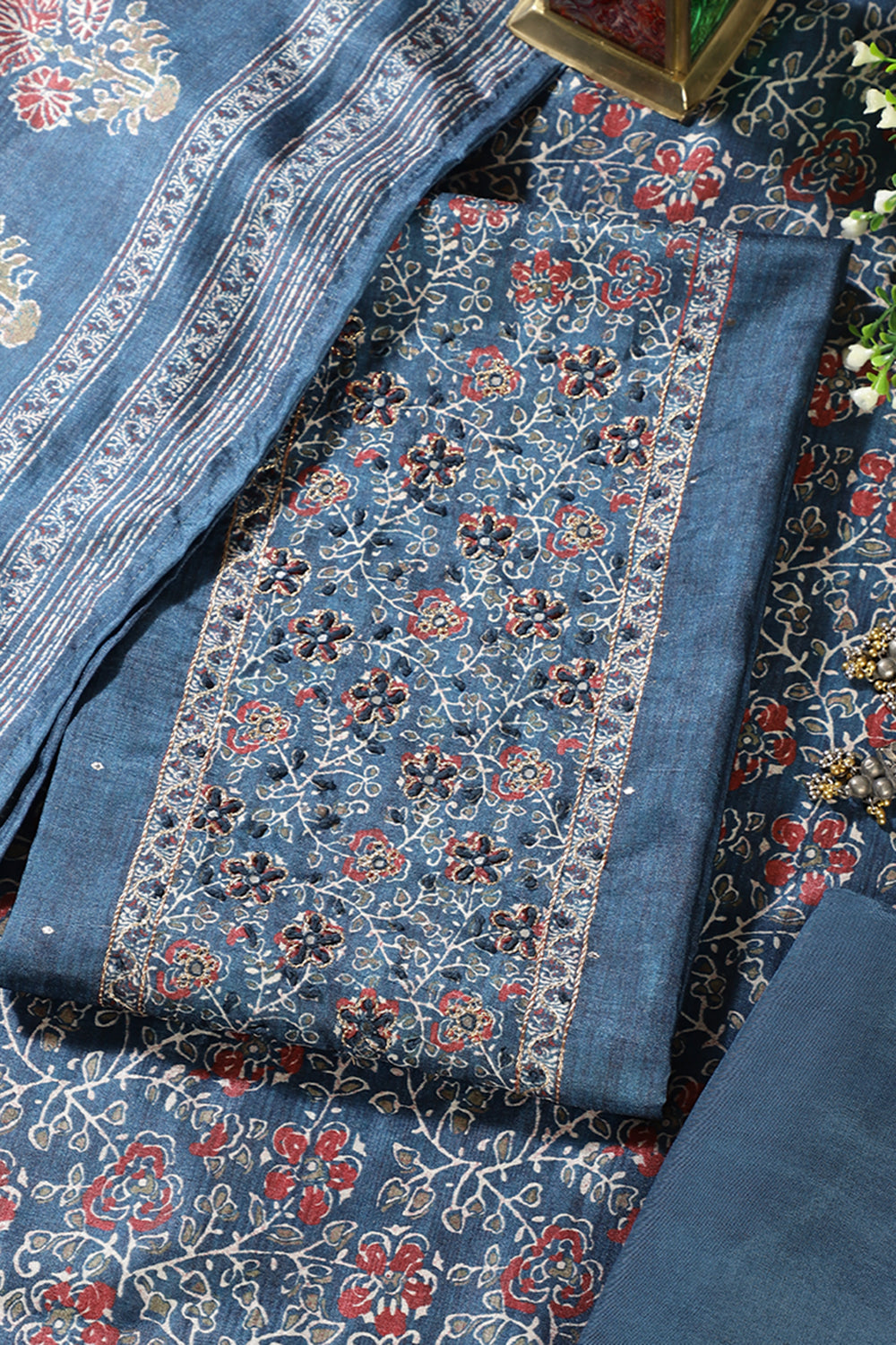 Pacific Blue Chanderi Silk Mirror & Resham worked Unstitched Suit