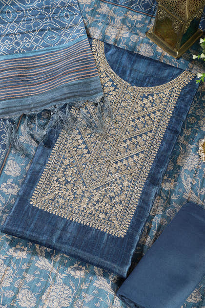 Blue Tussar Silk Neck Zari Embroidered Unstitched Suit