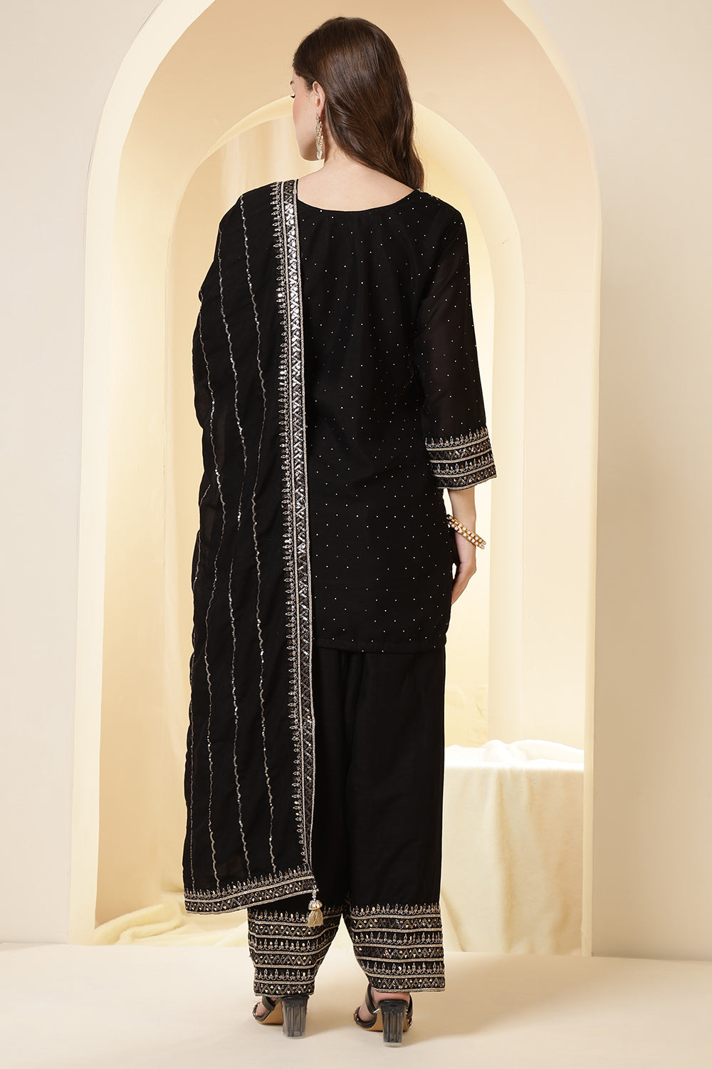Black Zari Embroidered Silk Suit With Farsi Salwar