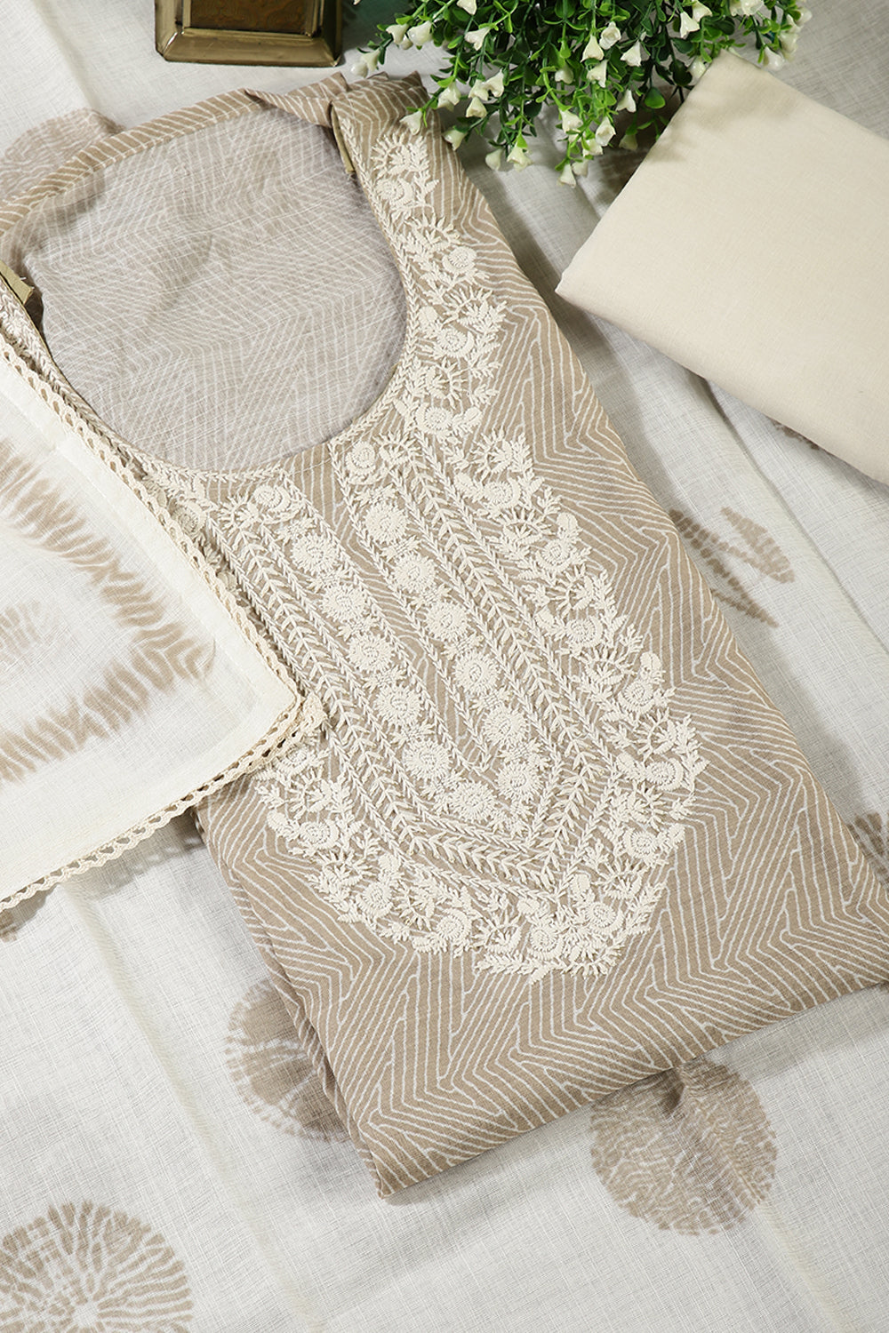 Dark Beige Colour Cotton Printed & Resham Neck Embroidered Unstitched Suit