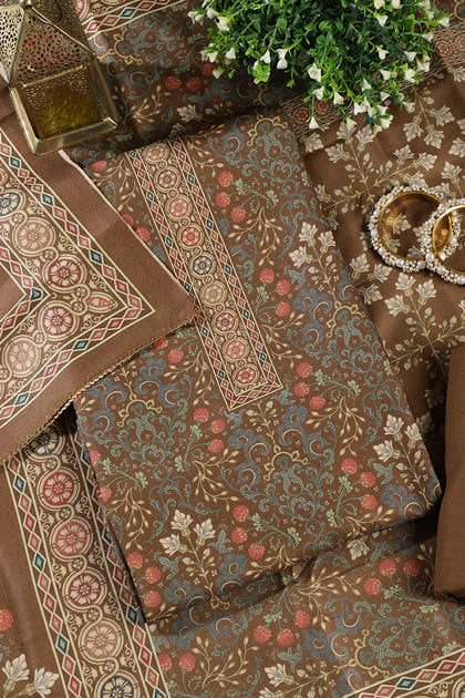 Olive Green Digital Printed Pashmina Unstitched Suit Fabric