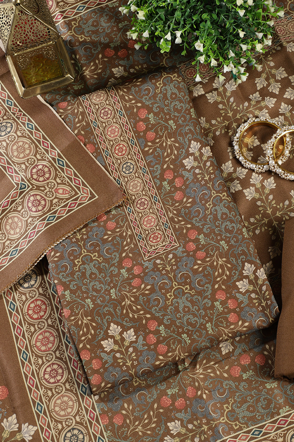 Olive Green Digital Printed Pashmina Unstitched Suit Fabric