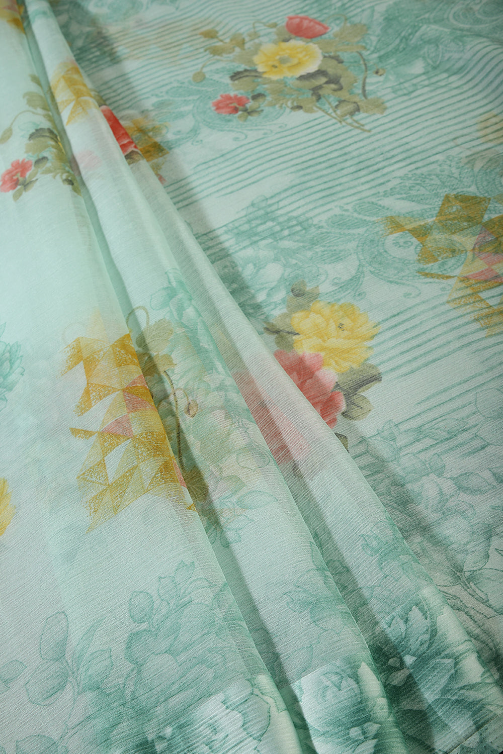 Mint Green Color Floral Printed Chiffon Saree
