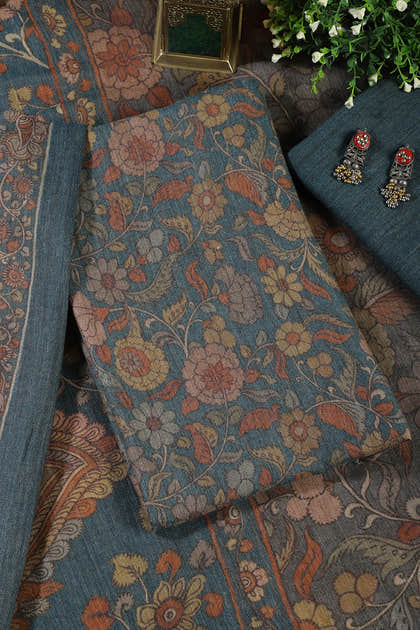 Pale Blue Floral Printed Spun Unstitched Suit Material