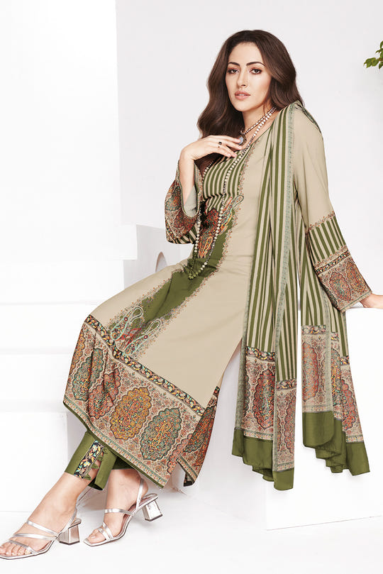 Green & Beige Kashmiri Paisley Printed Unstitched Suits Material