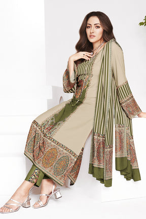 Green & Beige Kashmiri Paisley Printed Unstitched Suits Material