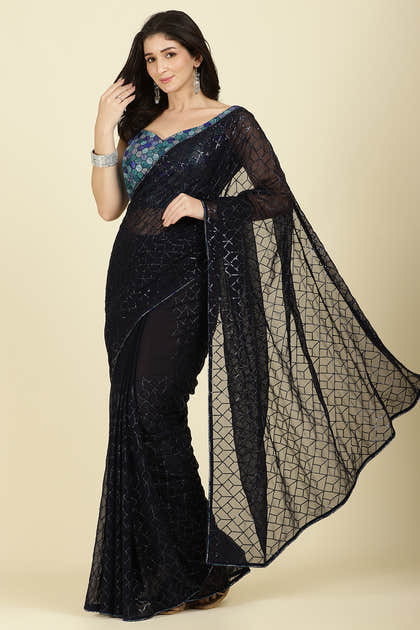 Navy Georgette Sequins Embroidered Saree With Stone Work Readymade Blouse