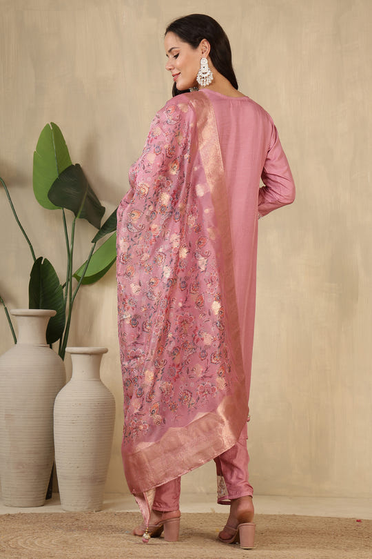 Pink Neck Embroidered Silk Suit
