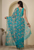 Turquoise  Chiffon Floral Zari Border & Floral Printed Saree