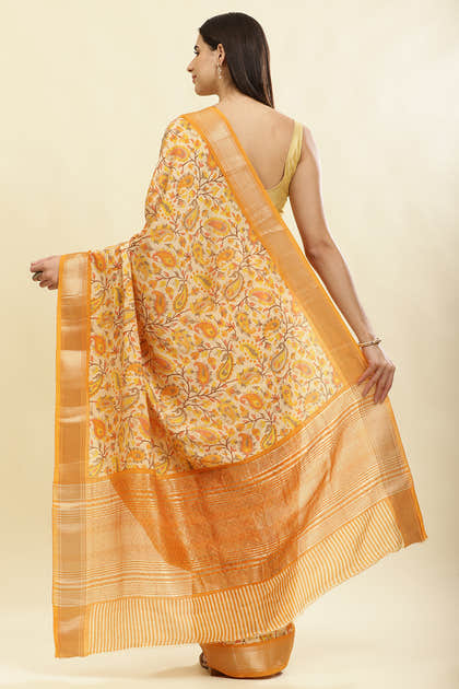 Mustard & Beige Cotton Silk Floral Boota Printed Saree