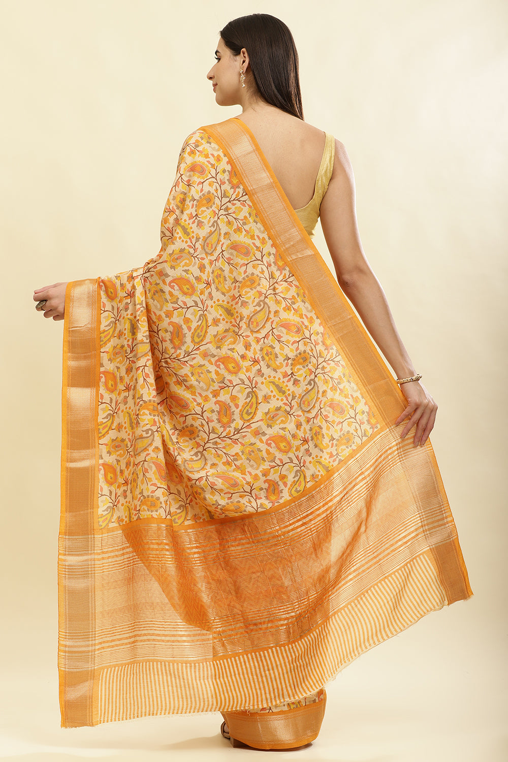 Mustard & Beige Cotton Silk Floral Boota Printed Saree