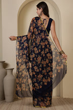 Navy Chiffon Floral Zari Border & Floral Printed Saree