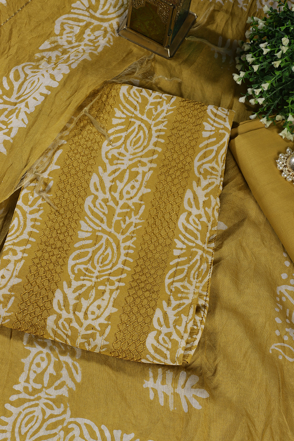 Mustard Cotton Printed And Resham Embroidered Unstitched Suit Material