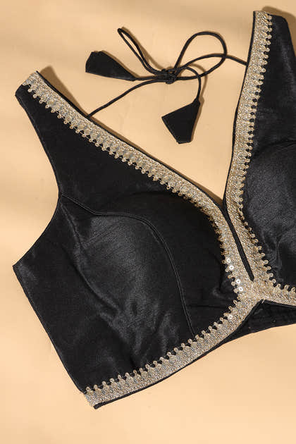 Black Tussar Silk Zari And Sequins Embroidered Readymade Blouse