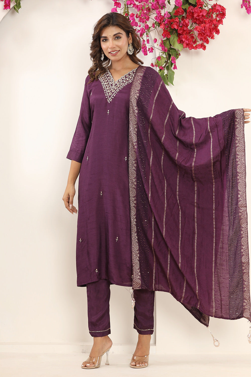 Purple Color Silk Neck Embroidered Straight Suit