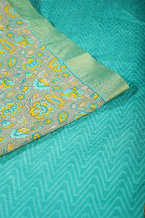Grey & Teal Color Floral Printed Tussar Silk Saree