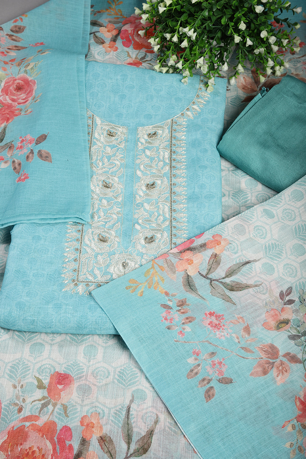 Firozi Color Linen Embroidery Self Print Unstitched Suit Material