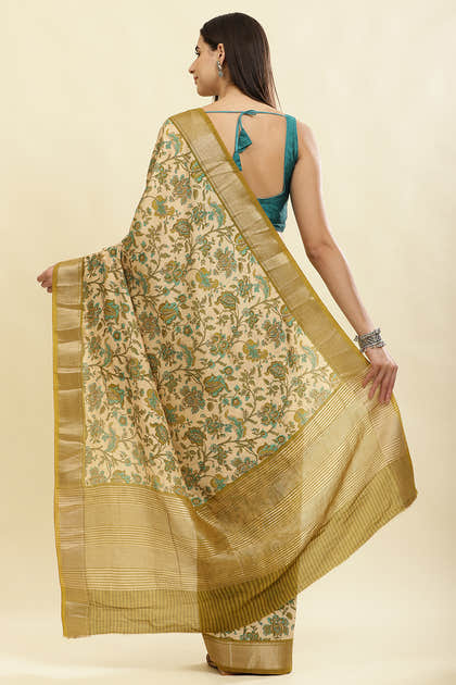Beige & Olive Green Cotton Silk Floral Printed Saree