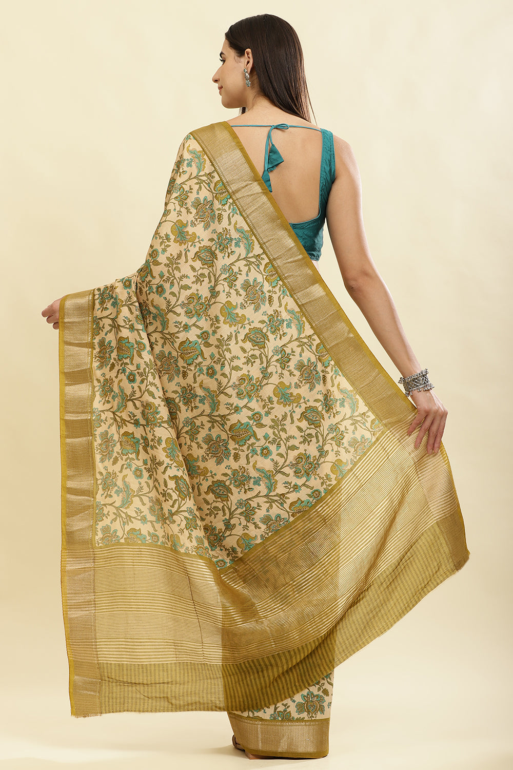 Beige & Olive Green Cotton Silk Floral Printed Saree