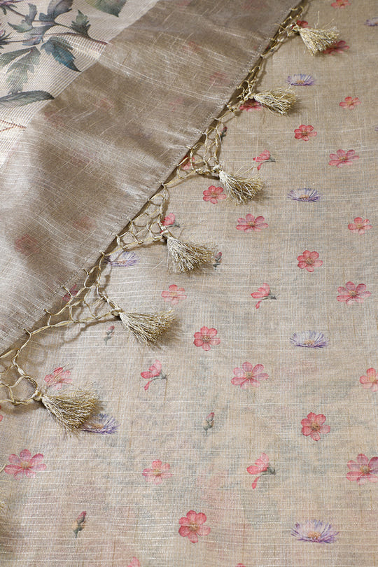 Beige Metallic Tissue Floral Printed Saree