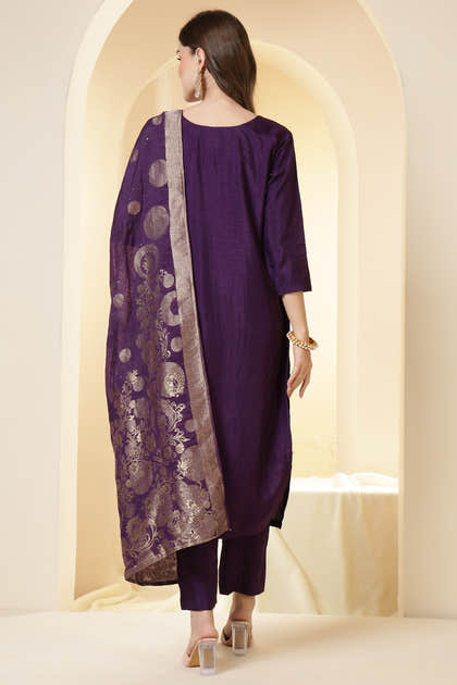 Purple Color Silk Neck Embroidered Suit Set