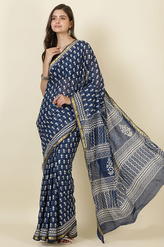 Indigo Blue Block Printed Cotton Saree