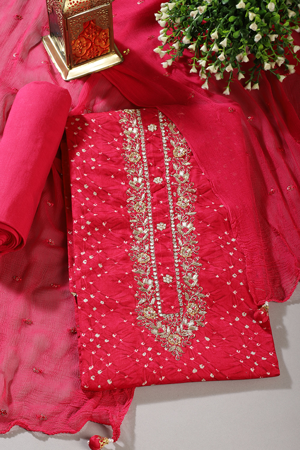 Cardinal Cotton Neck Zardozi Embroidered & Shibori Printed Unstitched Suit Fabric