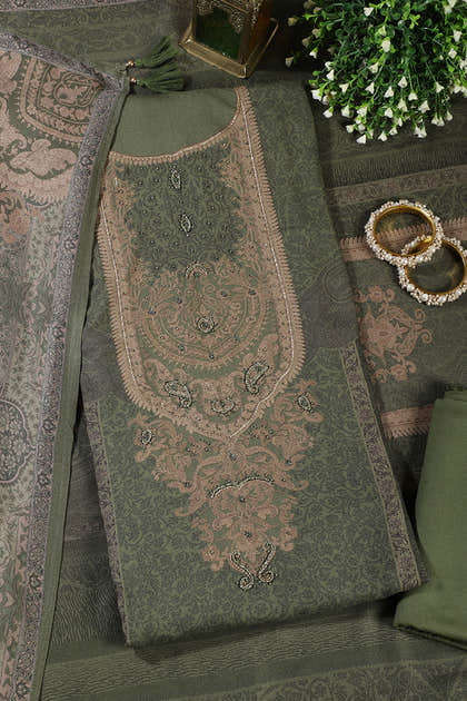 Green Floral Jaal Printed Spun Unstitched Suit Material
