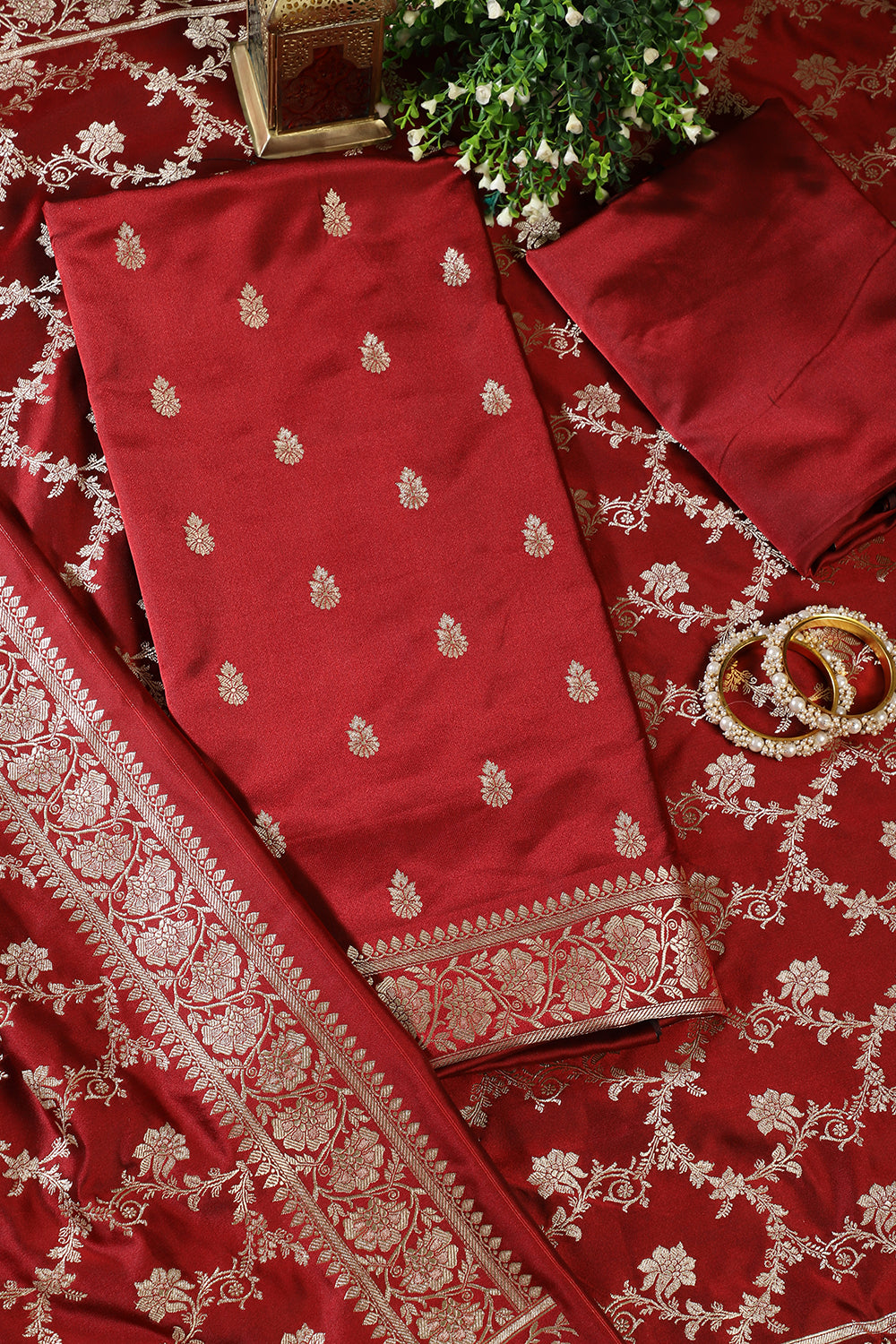 Maroon Banarsi Silk Zari Woven Unstitched Suit