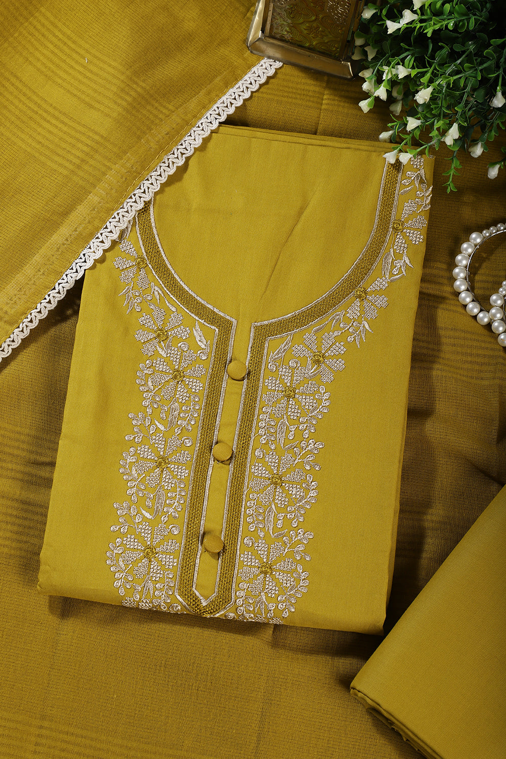 Brass Color Cotton Resham Embroidered Unstitched Suit