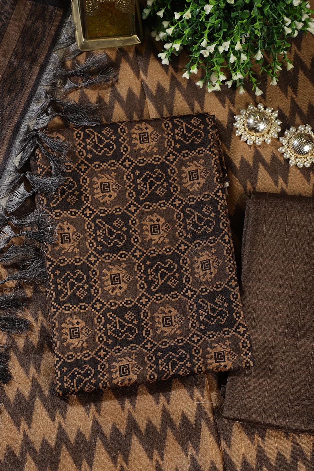 Mustard & Black Chanderi Cotton Digital Printed Unstiched Suit Material