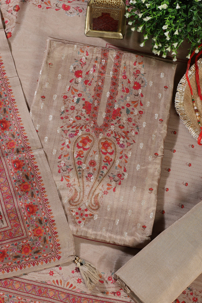 Beige Zari Woven And Printed Silk Unstitched Suit Material