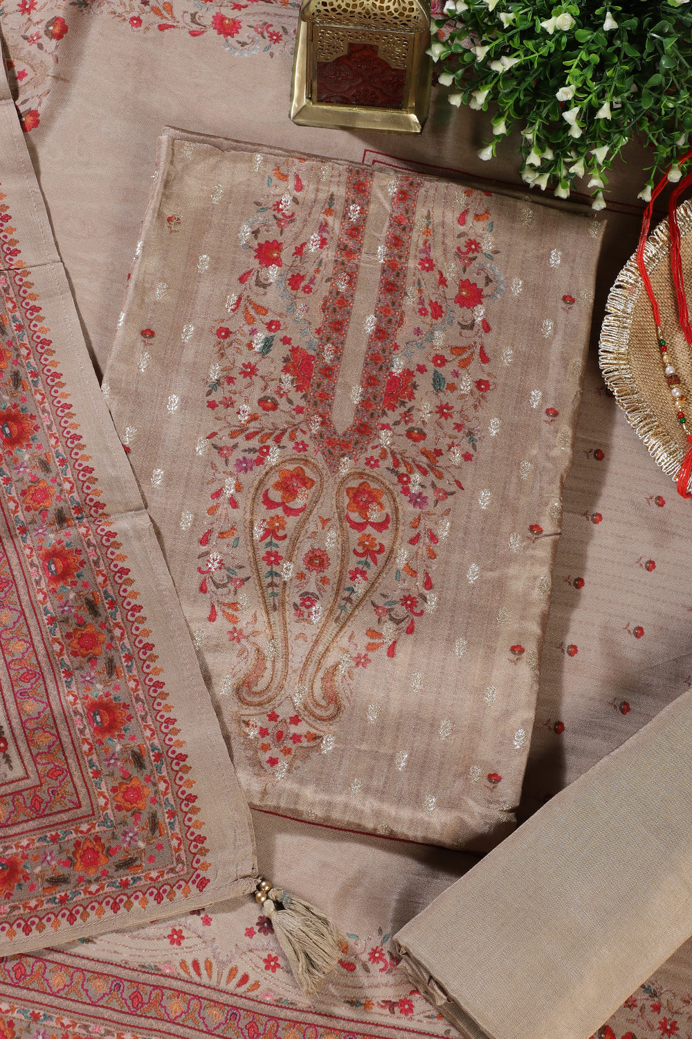 Beige Zari Woven And Printed Silk Unstitched Suit Material