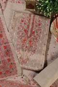 Beige Zari Woven And Printed Silk Unstitched Suit Material