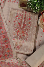 Beige Zari Woven And Printed Silk Unstitched Suit Material