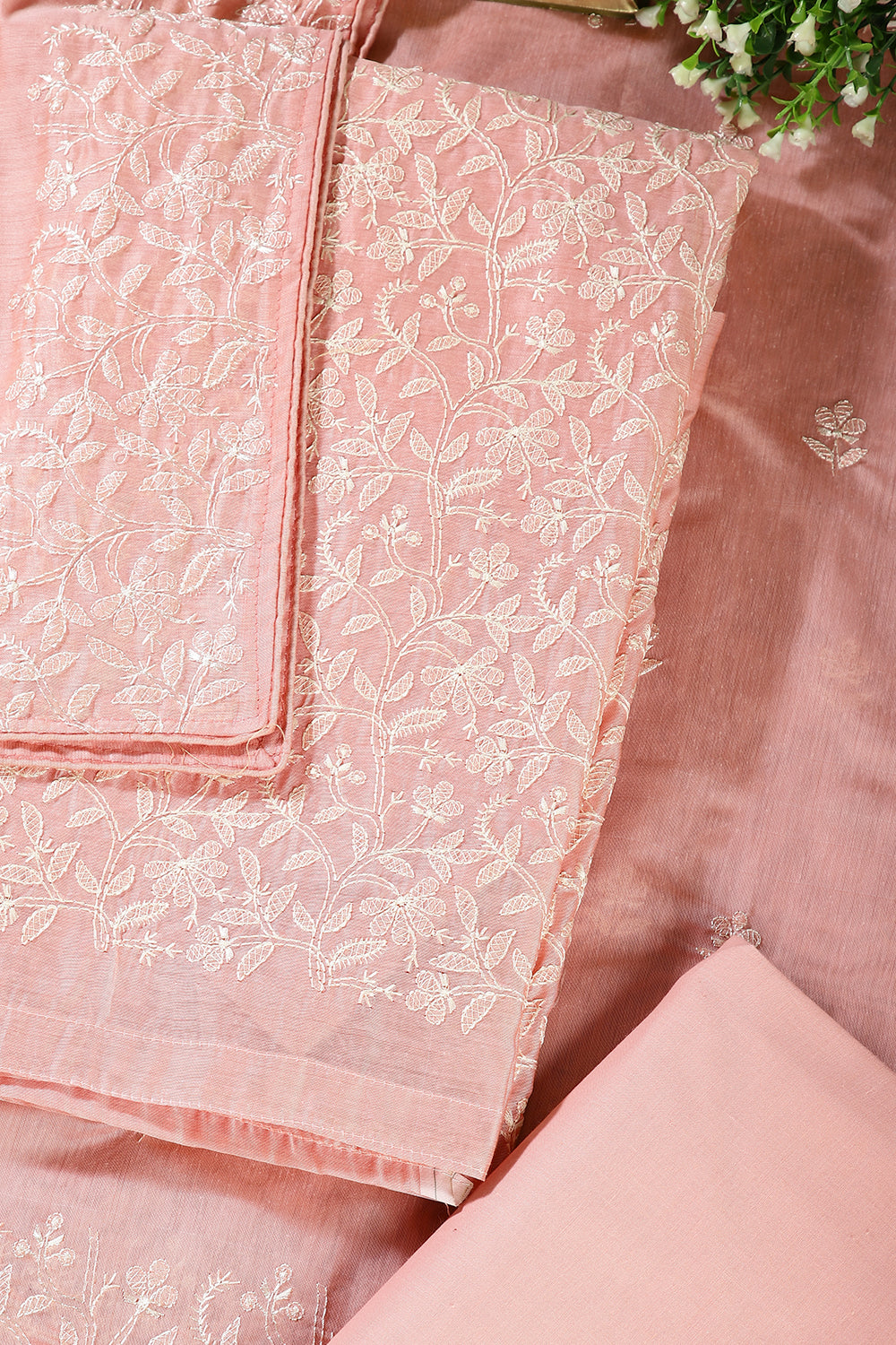 Pink Colour Resham Embroidered Chanderi Unstitched Suit