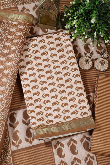 Cream & Brown Cotton Dabu Block Print Unstitched Suit Material