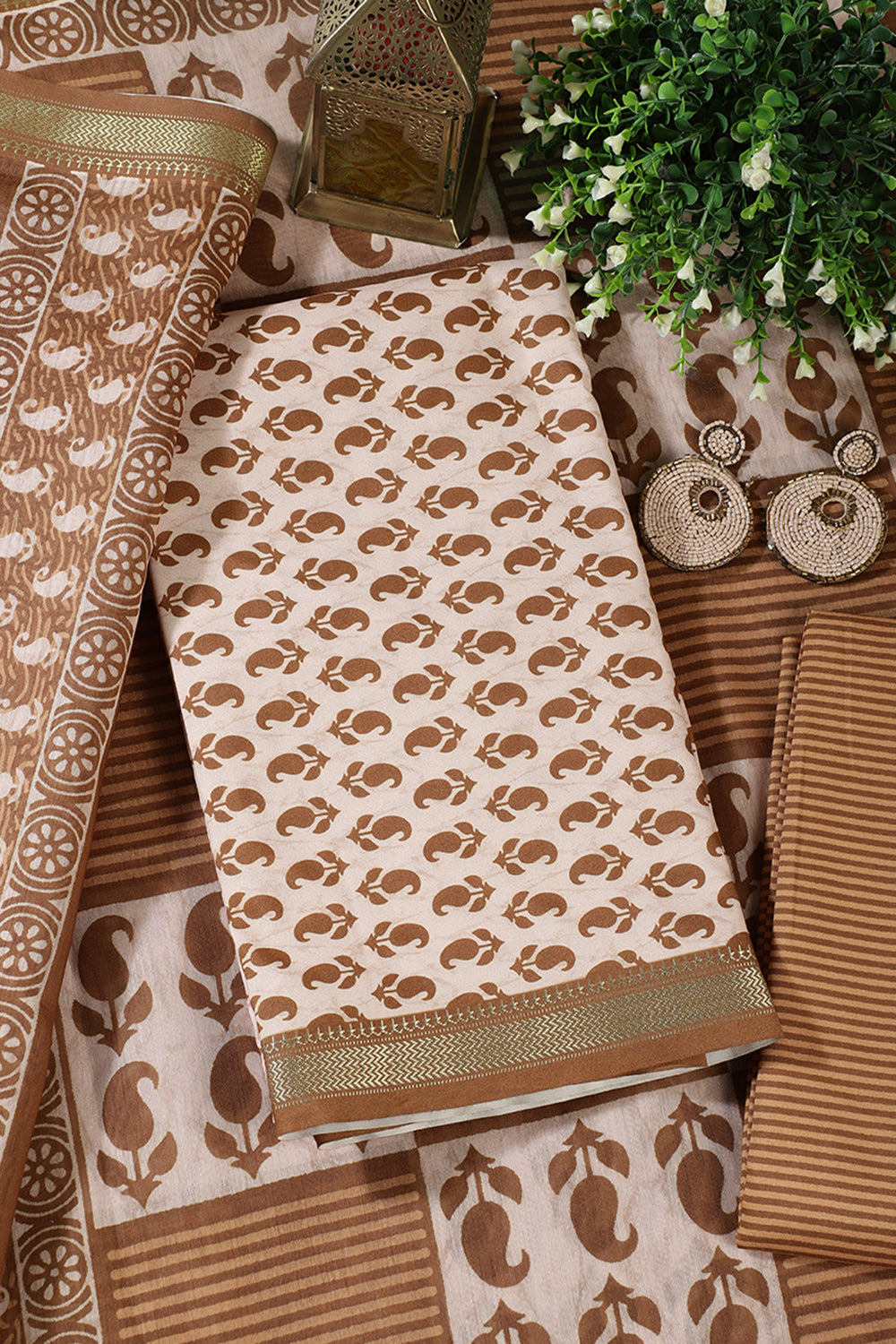 Cream & Brown Cotton Dabu Block Print Unstitched Suit Material