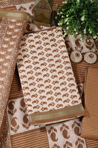 Cream & Brown Cotton Dabu Block Print Unstitched Suit Material