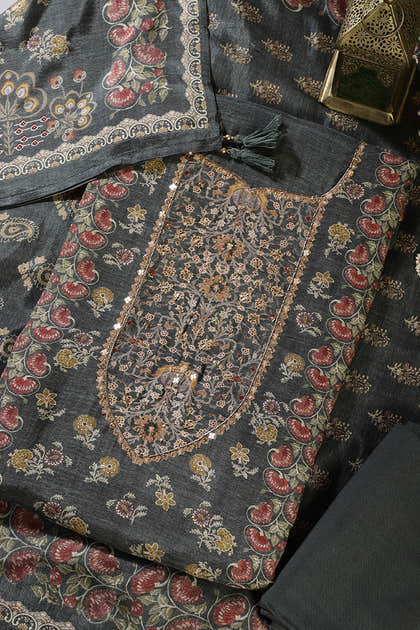Grey Muslin Printed Unstitched Suit Fabric