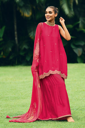 Fuchsia Pink Color Embroidered Silk Unstitched Suit Material