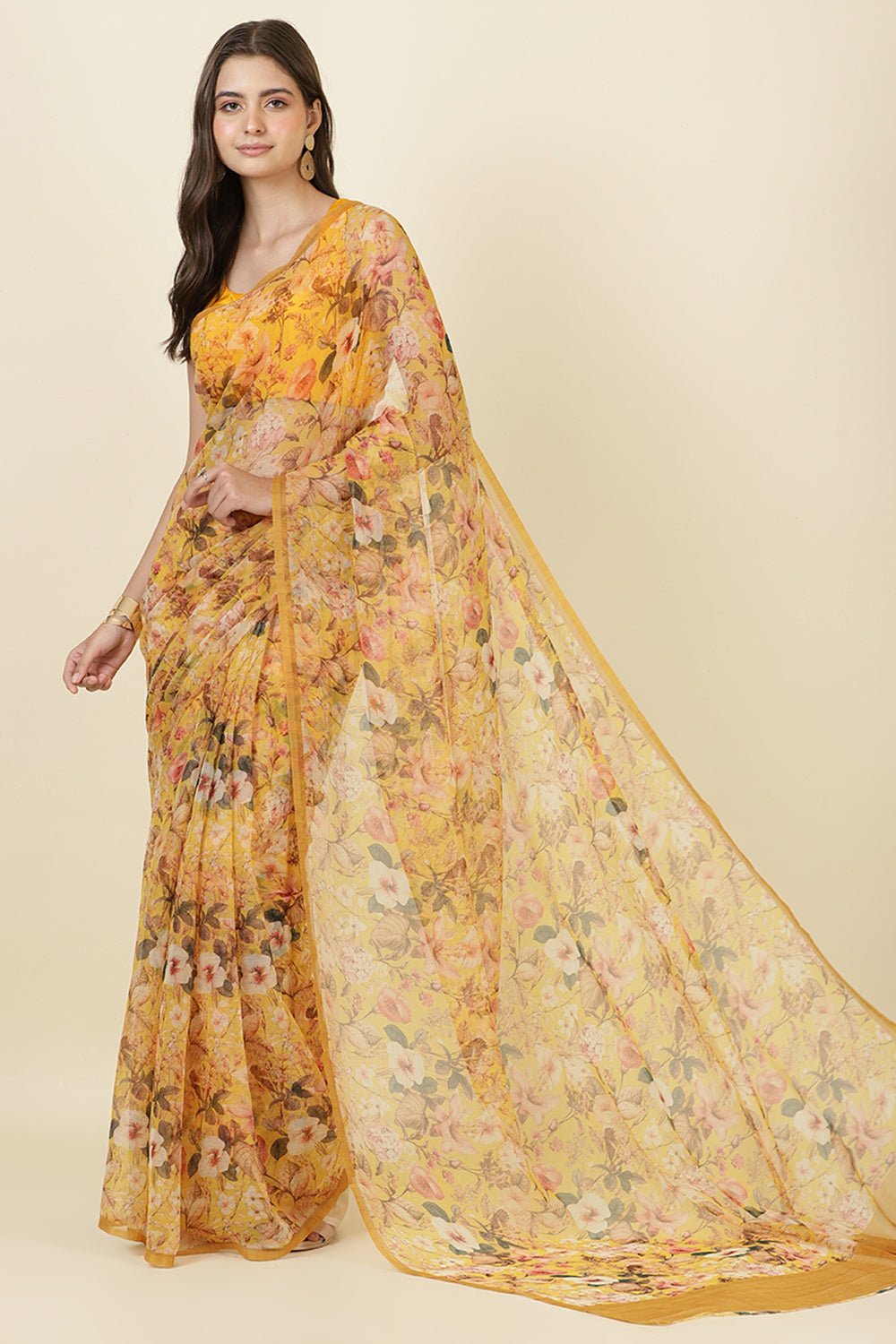 Mustard Floral Printed Chiffon Saree