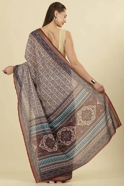 Brown Ajrakh Block Printed Cotton Saree