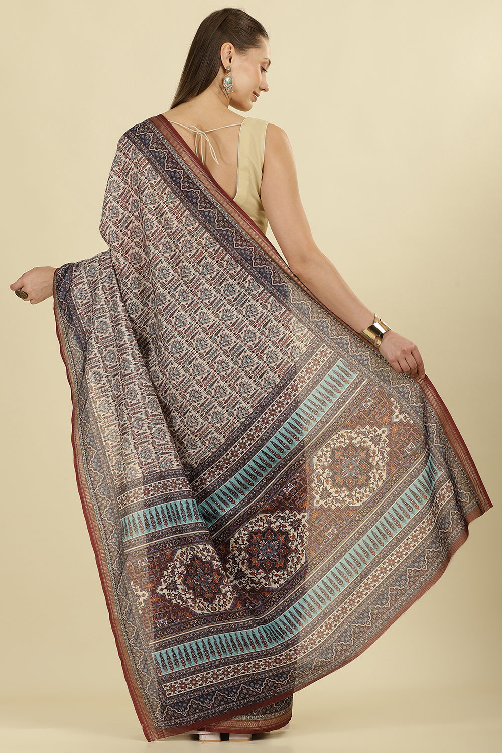 Brown Ajrakh Block Printed Cotton Saree