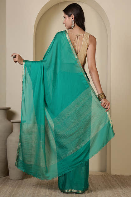 Teal Chiffon Zari Border Saree