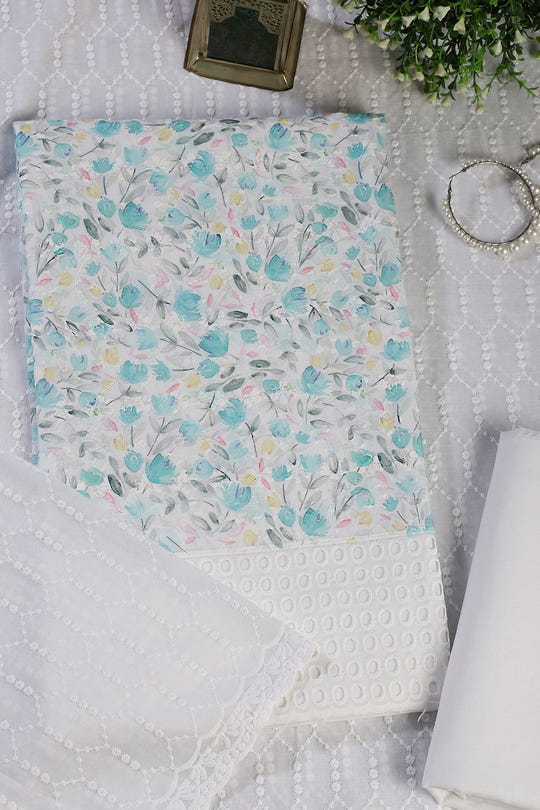 White & Blue Cotton Floral Printed and Resham Embroidered Unstitched Suit Material